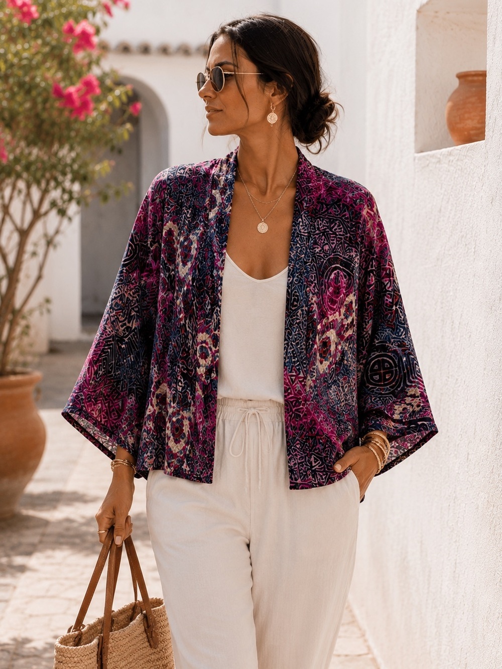 Anthropologie Multicolor Velvet Kimono Cardigan Black Fuchsia Festival Duster